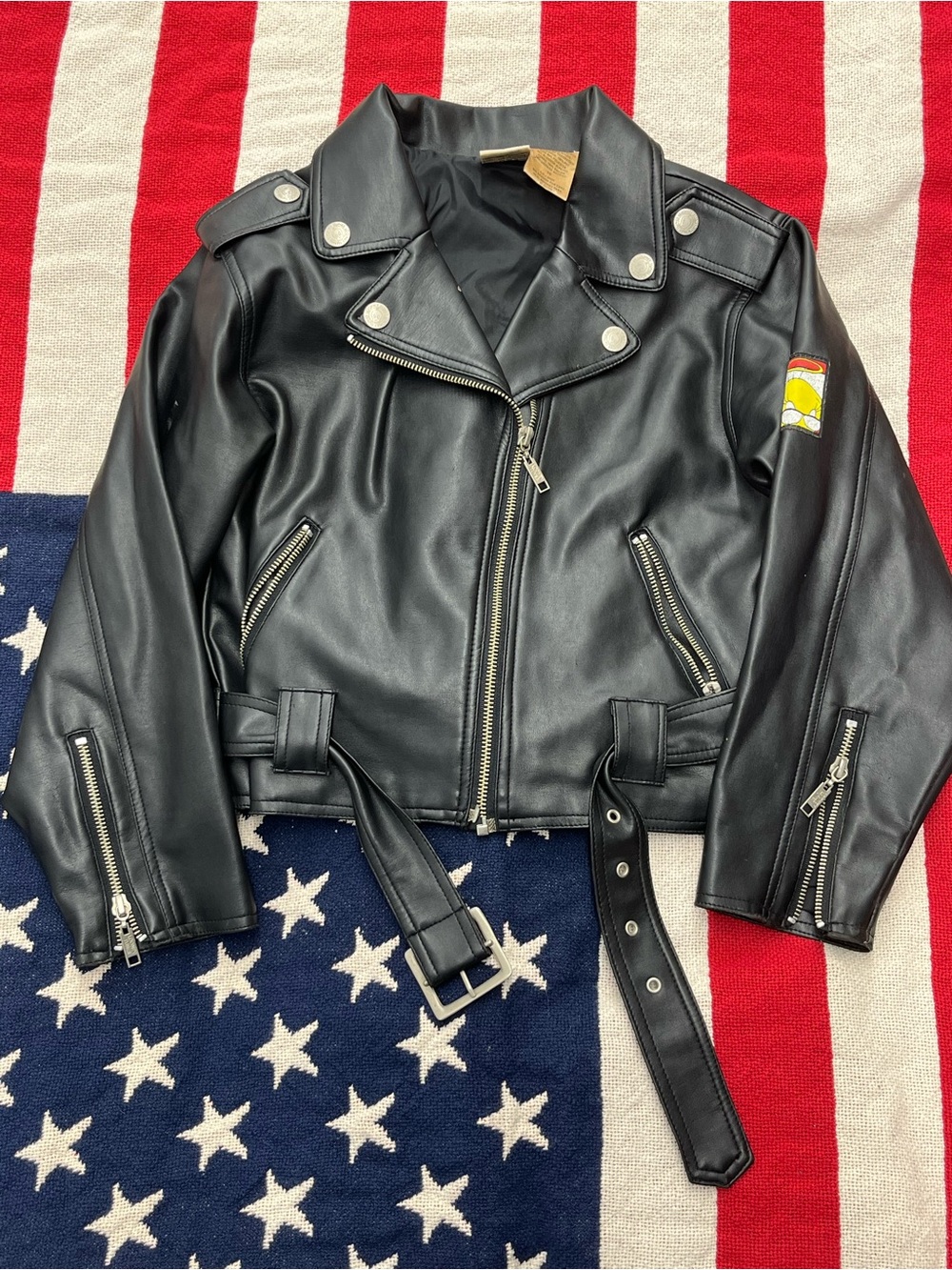 Vintage Tweety Bird Black Faux Leather Kids Moto Jacket with Belt Girls Size 10